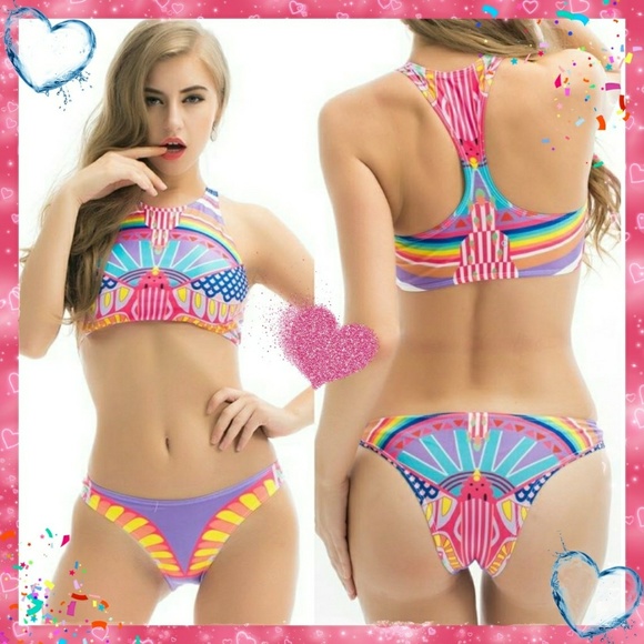 2020 Neon Aztec Print Two Piece Halter Bikini - Picture 2 of 7